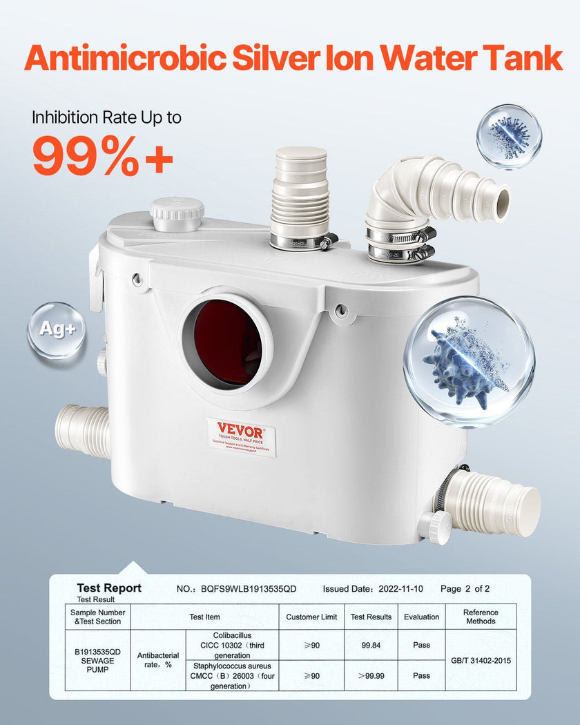 VEVOR Macerator Pump 500W 29 GPM Flow 26 ft Head Lift for Toilet Basement Sink