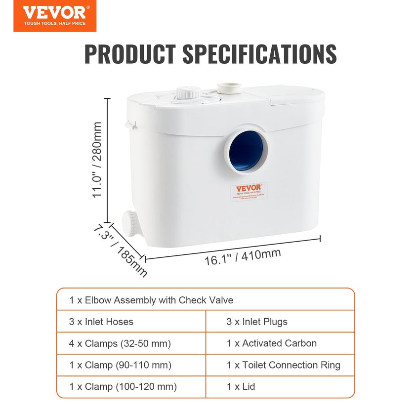 VEVOR Macerator Disposal Pump Basement Macerator Pump 700W with 3 Water Inlets