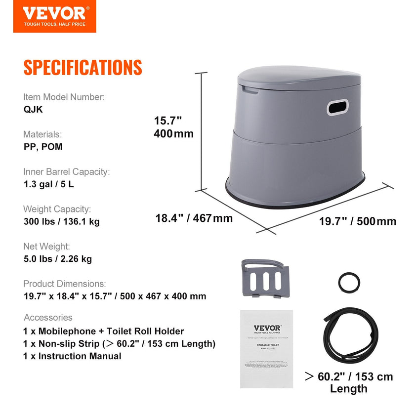 VEVOR Portable Toilet for Camping, Porta Potty with 1.3 Gal Detachable Inner Bucket & Removable Paper Holder, Commode with Dual Lids, Travel Toilet for Adults Kids Outdoor Camping Car Long Road Trips