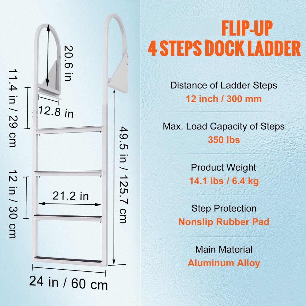VEVOR Dock Ladder, Flip-Up 4 Steps, 350 lbs Load Capacity, Aluminum Alloy Pontoon Boat Ladder with 2'' Wide Step & Nonslip Rubber Mat, Easy to Install for Ship/Lake/Pool/Marine Boarding