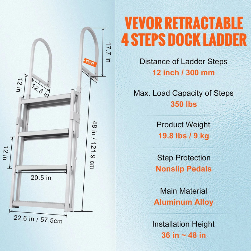 VEVOR Dock Ladder, Retractable 4 Steps, 350 lbs Load Capacity, Aluminum Alloy Pontoon Boat Ladder with 55.1''-67.1'' Adjustable Height, 4'' Wide Step & Rubber Mat, for Ship/Lake/Pool/Marine Boarding