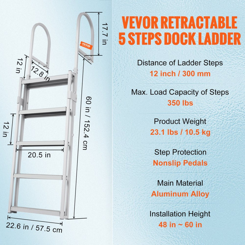 VEVOR Dock Ladder, Retractable 5 Steps, 350 lbs Load Capacity, Aluminum Alloy Pontoon Boat Ladder with 66.9''-78.9'' Adjustable Height, 4'' Wide Step & Rubber Mat, for Ship/Lake/Pool/Marine Boarding