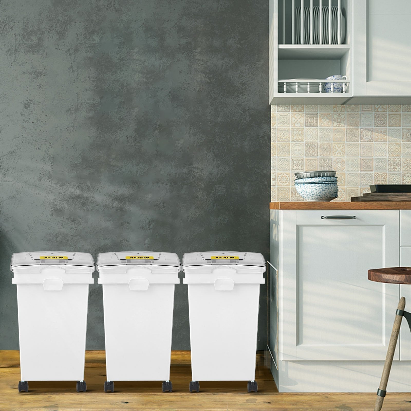 VEVOR Ingredient Bin, 6.6 Gallons Capacity Ingredient Storage Bin, 3 Pcs/Set, PP Material Flour Bins On Wheels, White Shelf Ingredient Bin with Scoop and Sliding Lid, Commercial Storage Bins