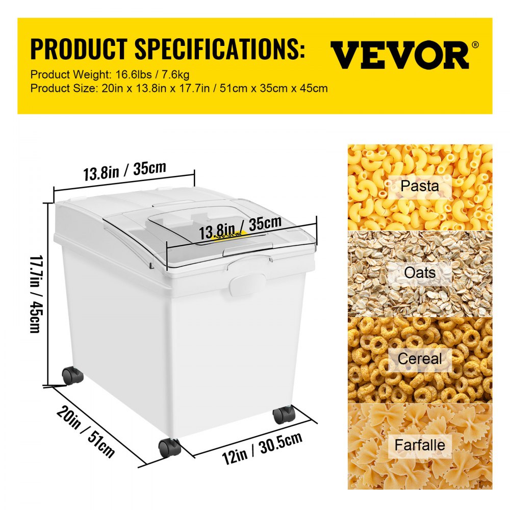 VEVOR 10.5 Gallons Ingredient Bin, Ingredient Storage Bin 2 Pcs/Set, PP Material Flour Bins On Wheels, White Shelf Ingredient Bin with Scoop and Sliding Lid, Commercial Storage Bins