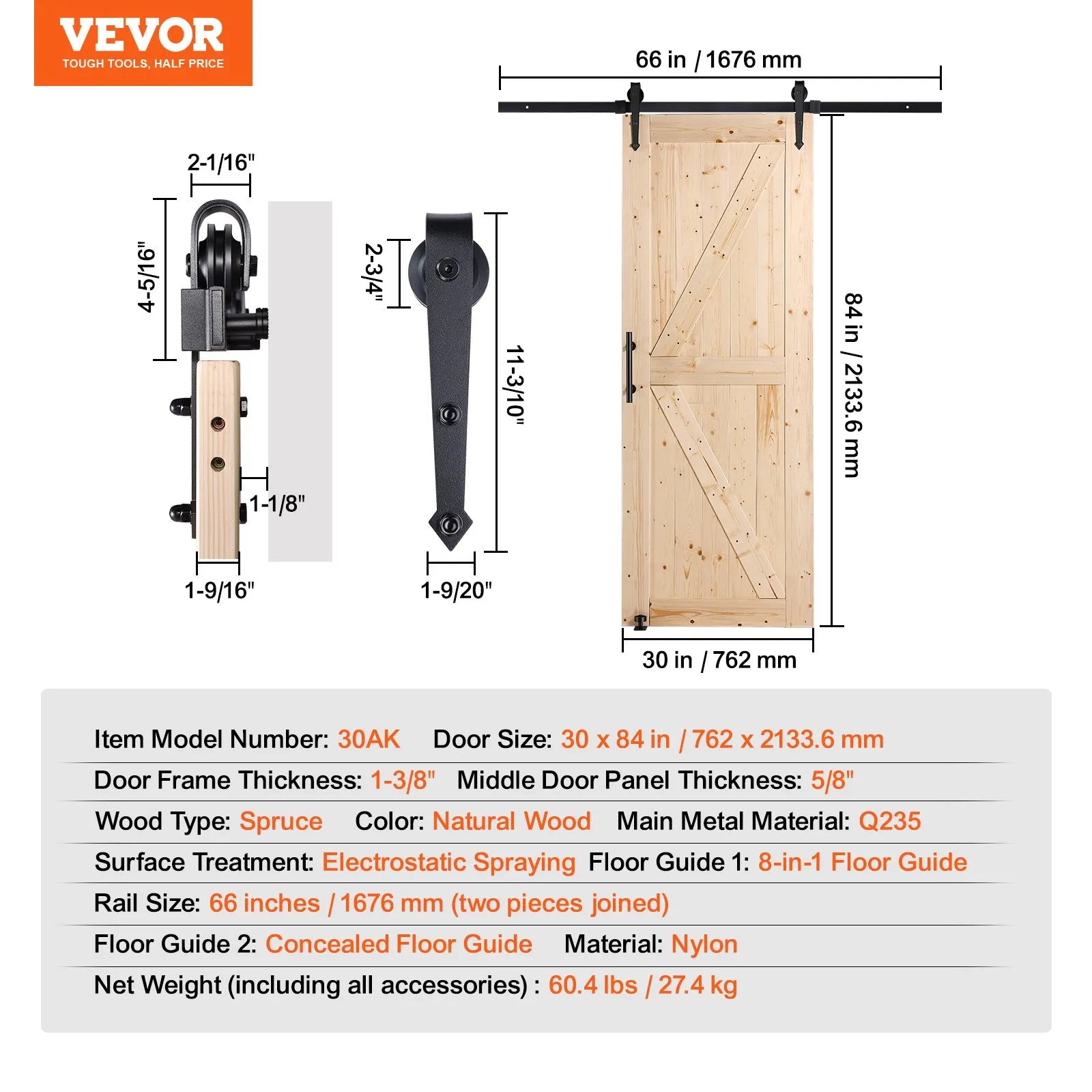 VEVOR Barn Door and Hardware Kit, 30