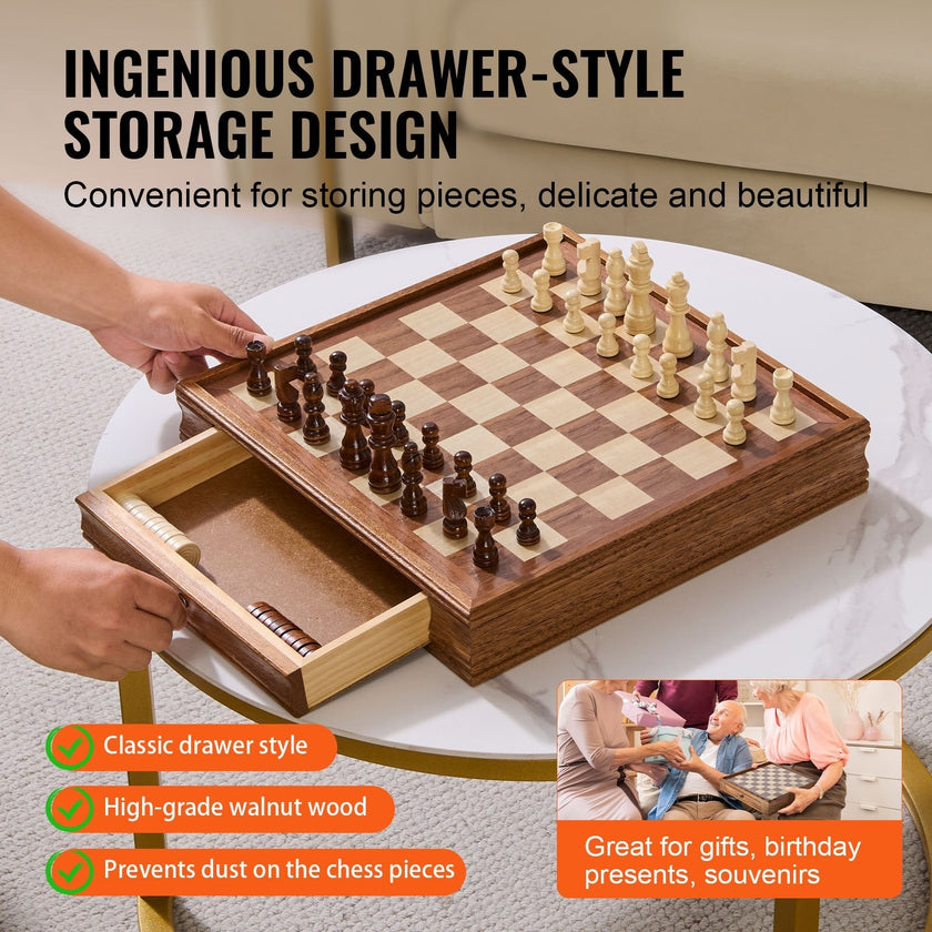 VEVOR Solid Wood Chess Set, 15 inch  2-IN-1 Chess Checkers Game Set, Chess Board Games with Storage Drawer & Weighted Chess Checkers Pieces & 2 Queens, for Adults Kids Tournament Professional Beginner