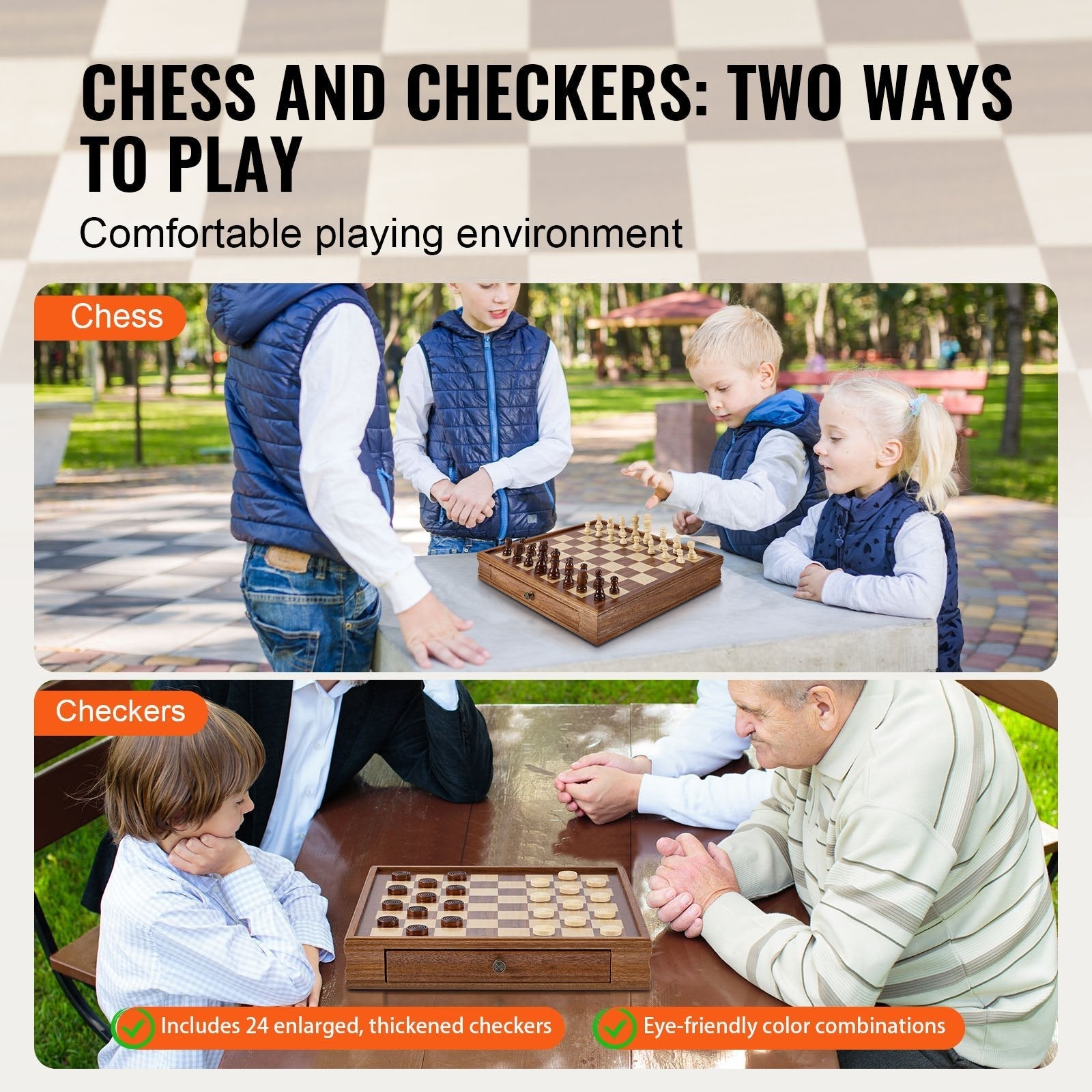 VEVOR Solid Wood Chess Set, 15 inch  2-IN-1 Chess Checkers Game Set, Chess Board Games with Storage Drawer & Weighted Chess Checkers Pieces & 2 Queens, for Adults Kids Tournament Professional Beginner