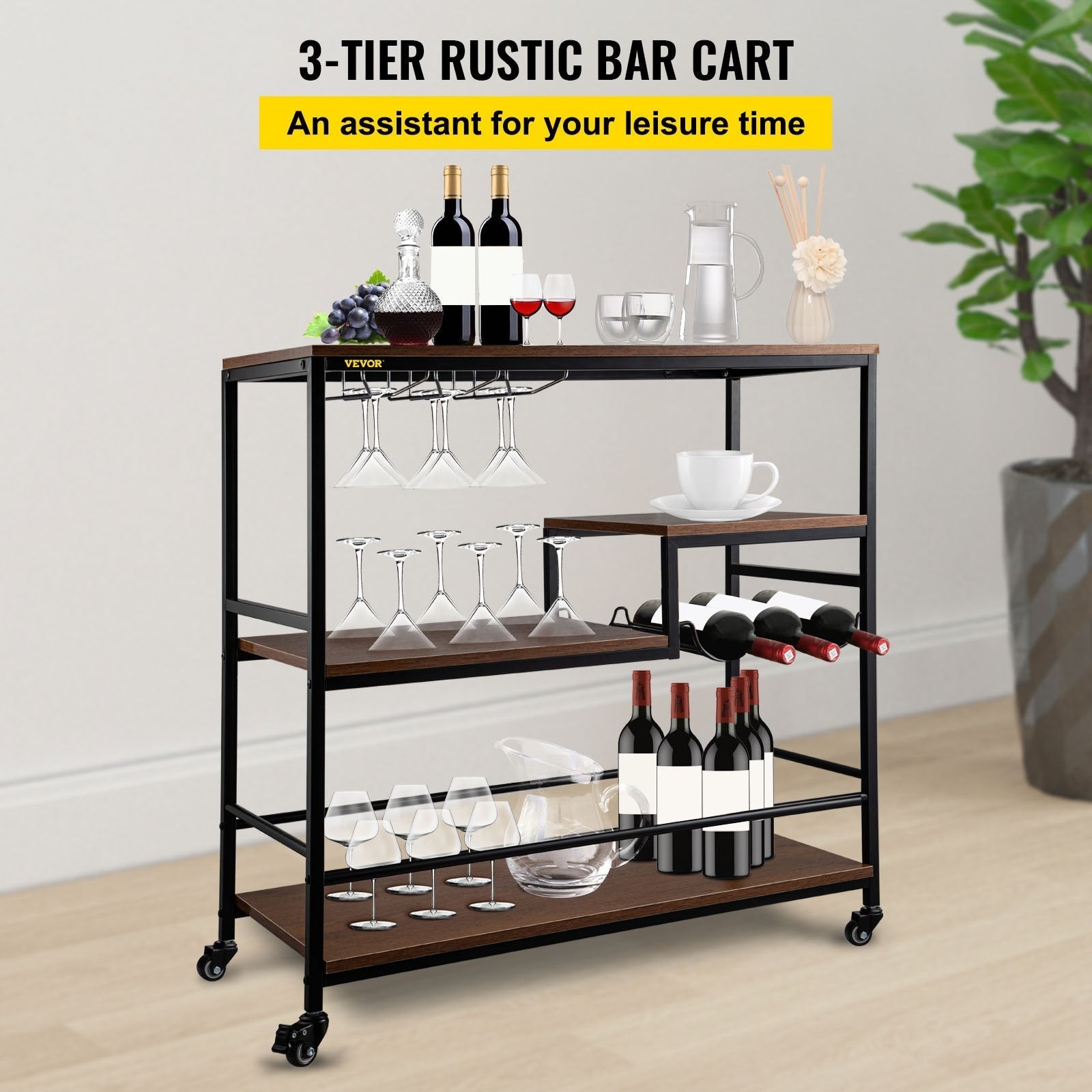 VEVOR Rustic Bar Cart, 3-Tier Industrial Bar Cart for Home, Bar Cart with Wine Rack & Glass Holders, 35.4 x 15.7 x 37.4 inches Home Bar & Serving Carts, Wine Cart on Wheels, Glass Bar Cart Brown