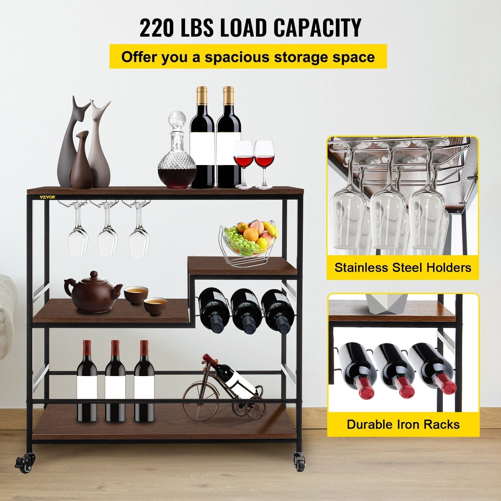 VEVOR Rustic Bar Cart, 3-Tier Industrial Bar Cart for Home, Bar Cart with Wine Rack & Glass Holders, 35.4 x 15.7 x 37.4 inches Home Bar & Serving Carts, Wine Cart on Wheels, Glass Bar Cart Brown
