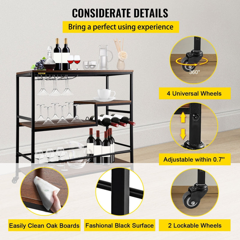 VEVOR Rustic Bar Cart, 3-Tier Industrial Bar Cart for Home, Bar Cart with Wine Rack & Glass Holders, 35.4 x 15.7 x 37.4 inches Home Bar & Serving Carts, Wine Cart on Wheels, Glass Bar Cart Brown