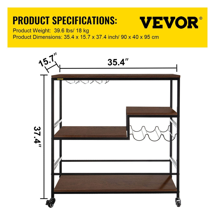 VEVOR Rustic Bar Cart, 3-Tier Industrial Bar Cart for Home, Bar Cart with Wine Rack & Glass Holders, 35.4 x 15.7 x 37.4 inches Home Bar & Serving Carts, Wine Cart on Wheels, Glass Bar Cart Brown