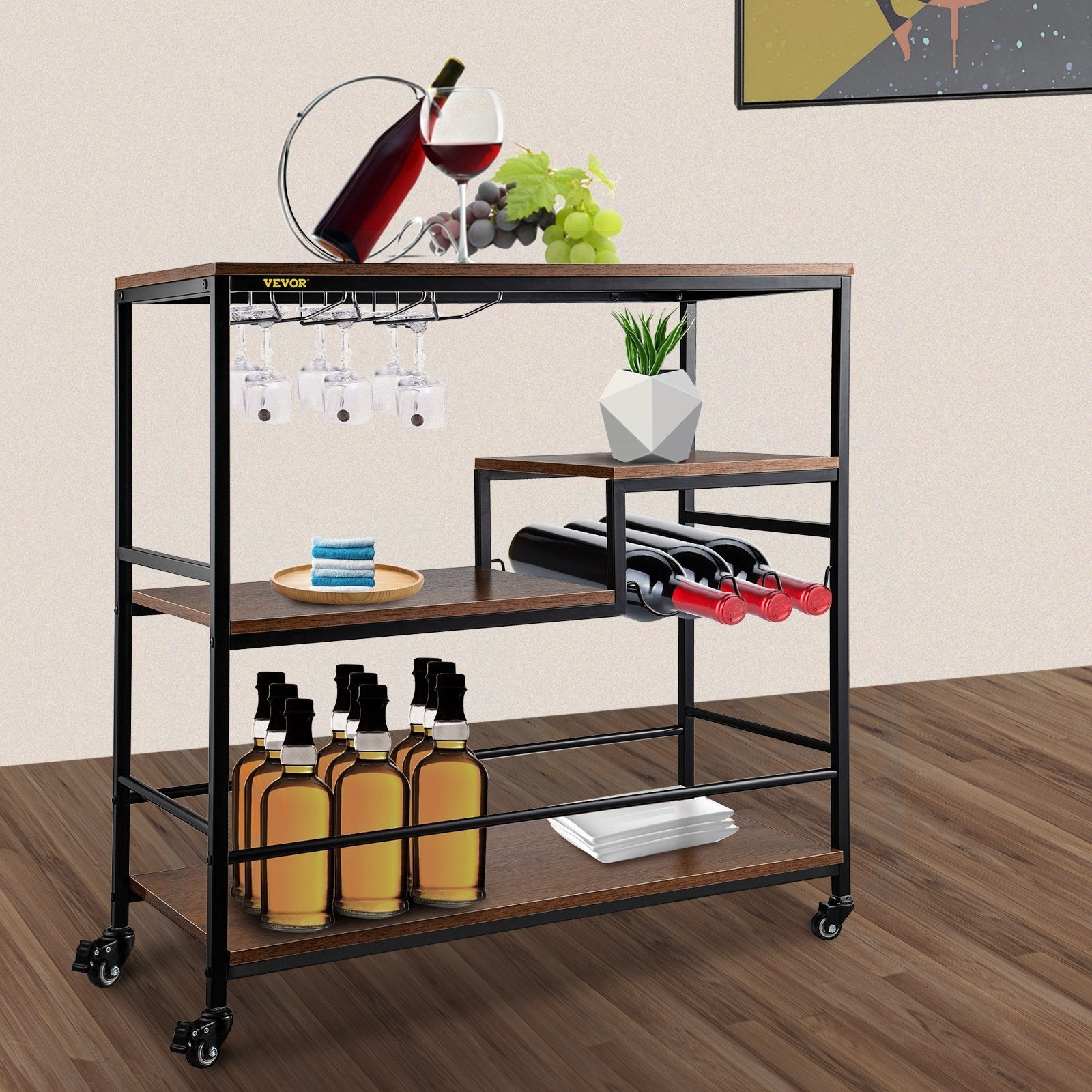 VEVOR Rustic Bar Cart, 3-Tier Industrial Bar Cart for Home, Bar Cart with Wine Rack & Glass Holders, 35.4 x 15.7 x 37.4 inches Home Bar & Serving Carts, Wine Cart on Wheels, Glass Bar Cart Brown