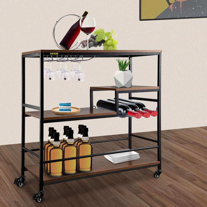 VEVOR Rustic Bar Cart, 3-Tier Industrial Bar Cart for Home, Bar Cart with Wine Rack & Glass Holders, 35.4 x 15.7 x 37.4 inches Home Bar & Serving Carts, Wine Cart on Wheels, Glass Bar Cart Brown