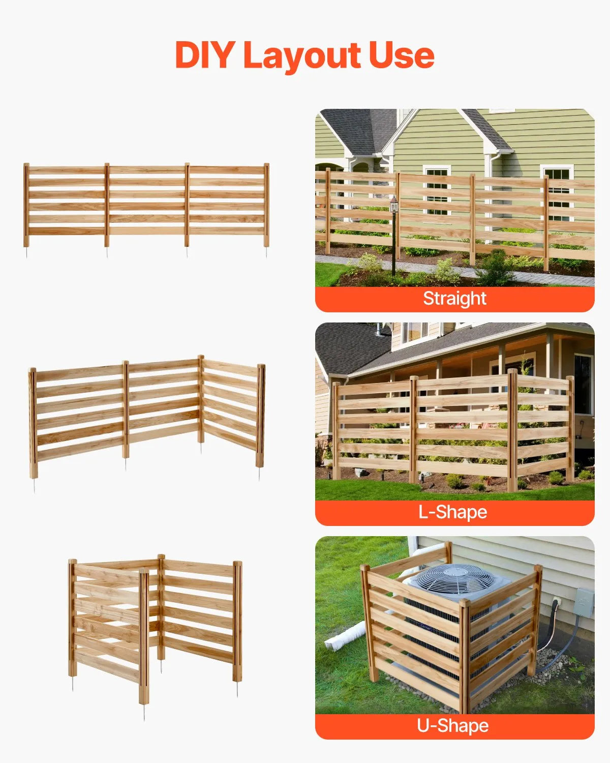 VEVOR Wood Privacy Fence 3 Panels Slatted Air Conditioner Fence 36