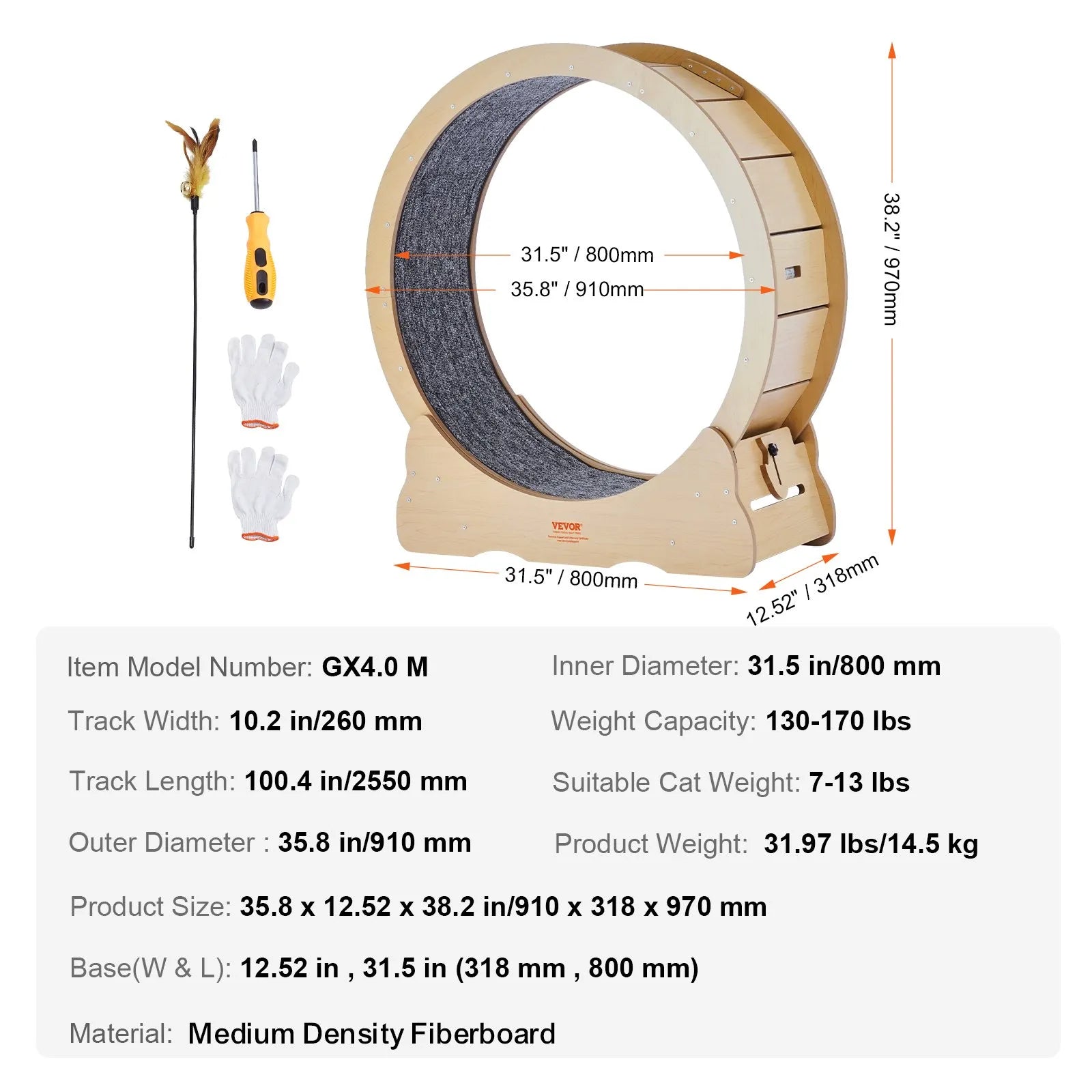 VEVOR Cat Exercise Wheel Large Cat Treadmill Wheel for Indoor Cats 35.8 inch