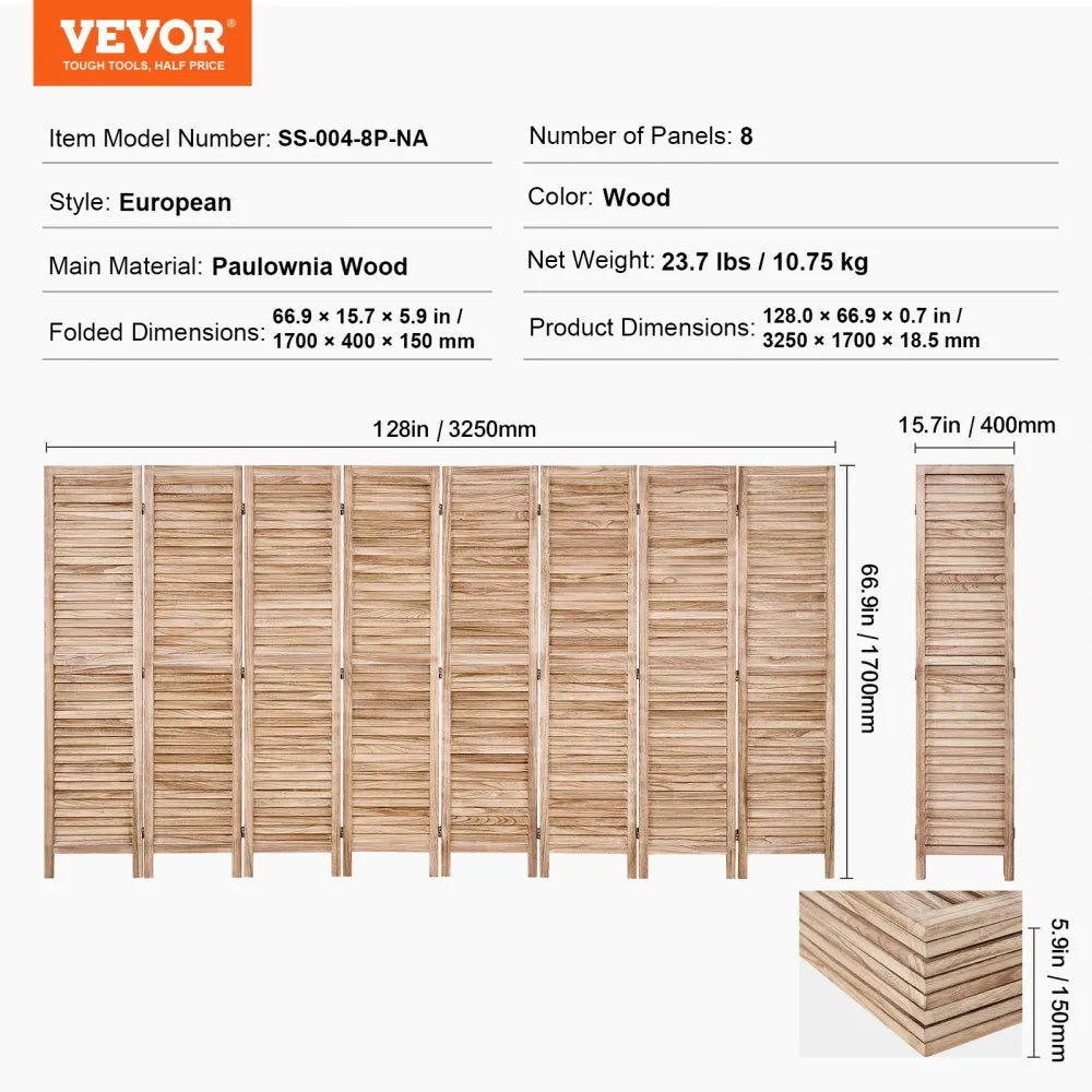 VEVOR Wood Room Divider Wooden Screen 8 Panel for Room Separation Home Office