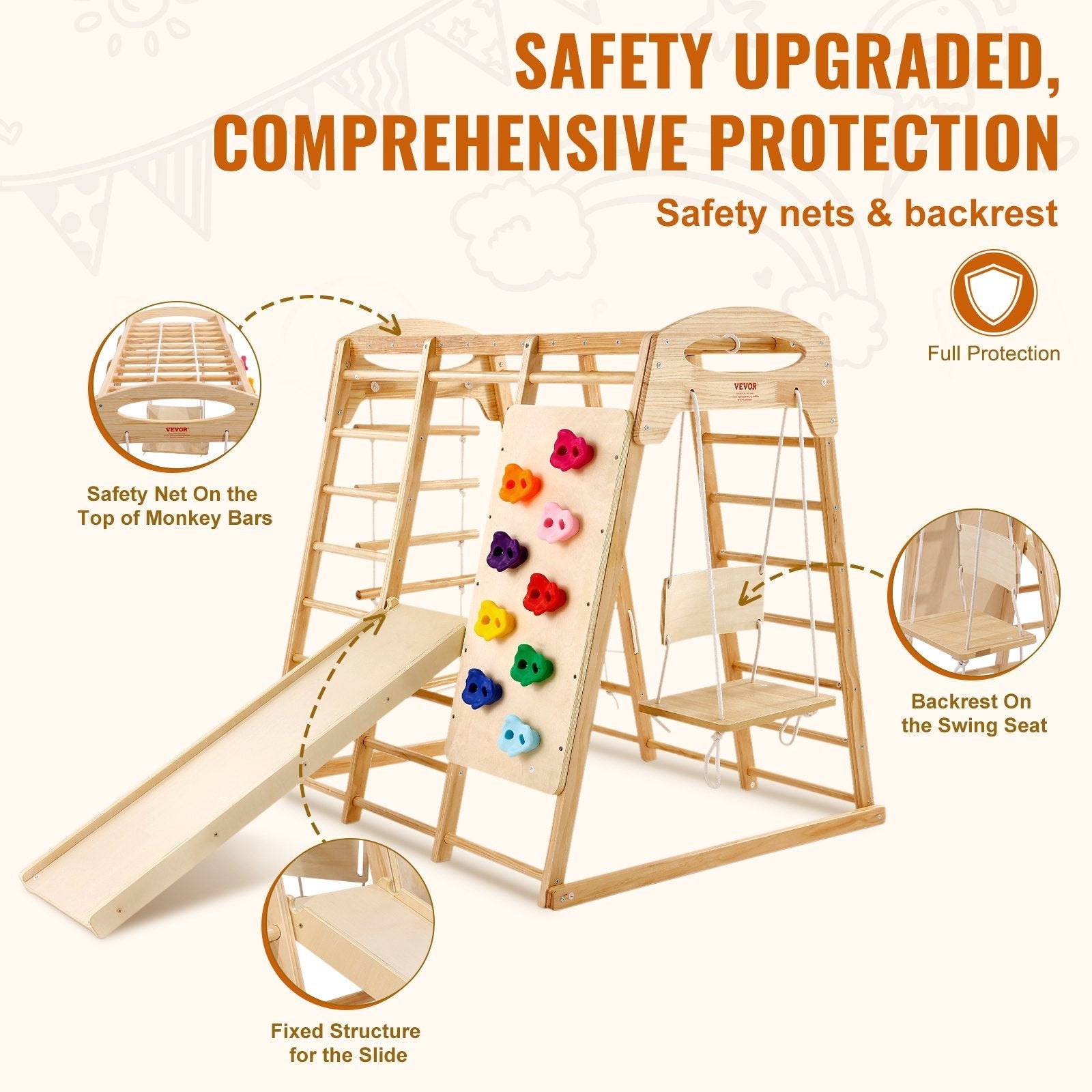 VEVOR Indoor Jungle Gym, 7-in-1 Toddler Indoor Playground, Wooden Toddler Climbing Toys Indoor with Wood & Rope Ladder, Net Ladder, Swing, Monkey Bar, Slide, Climbing Wall, 47.2 x 58 x 56in