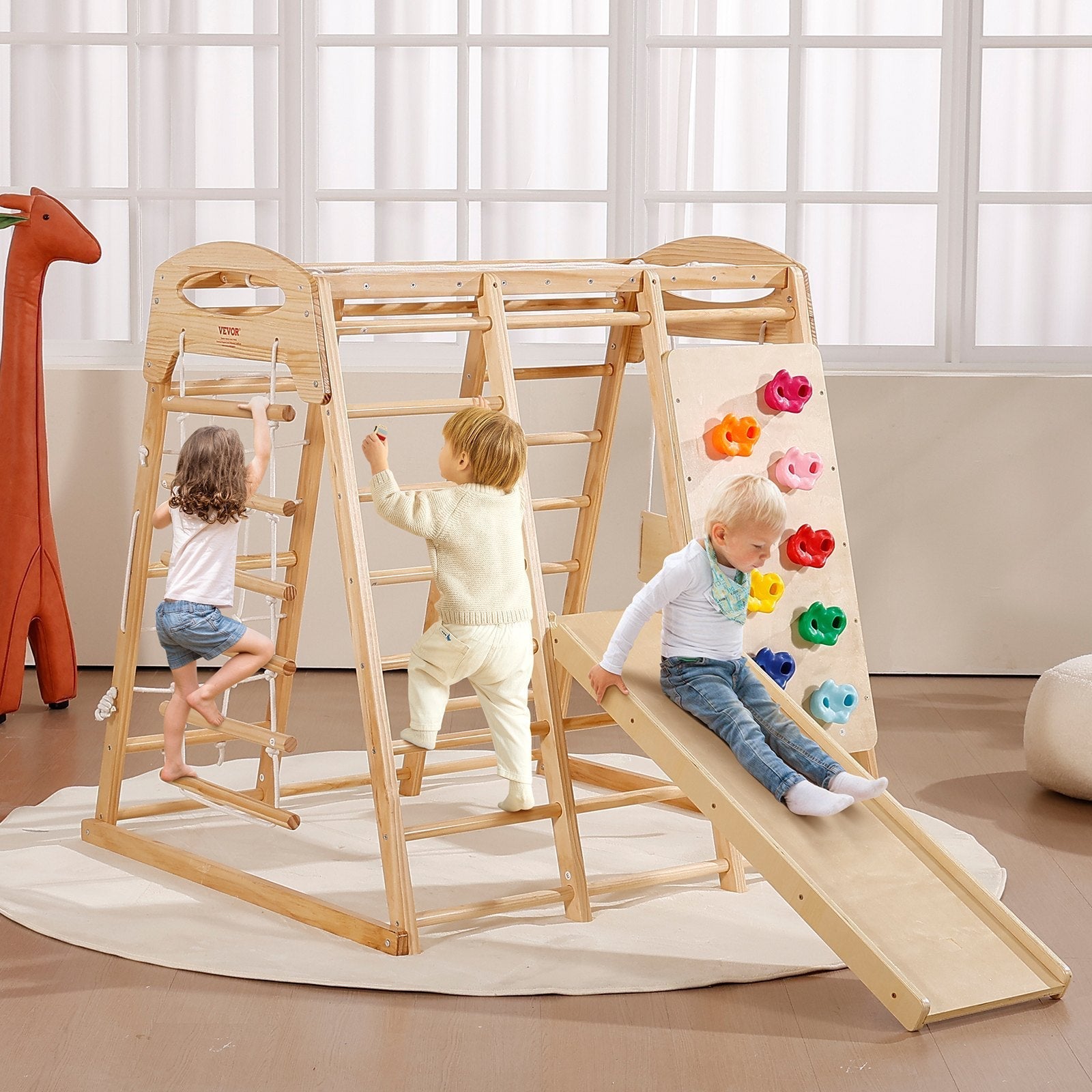 VEVOR Indoor Jungle Gym, 7-in-1 Toddler Indoor Playground, Wooden Toddler Climbing Toys Indoor with Wood & Rope Ladder, Net Ladder, Swing, Monkey Bar, Slide, Climbing Wall, 47.2 x 58 x 56in