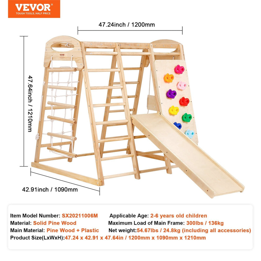 VEVOR Indoor Jungle Gym, 7-in-1 Toddler Indoor Playground, Wooden Toddler Climbing Toys Indoor with Wood & Rope Ladder, Net Ladder, Swing, Monkey Bar, Slide, Climbing Wall, 43 x 47.2 x 47in