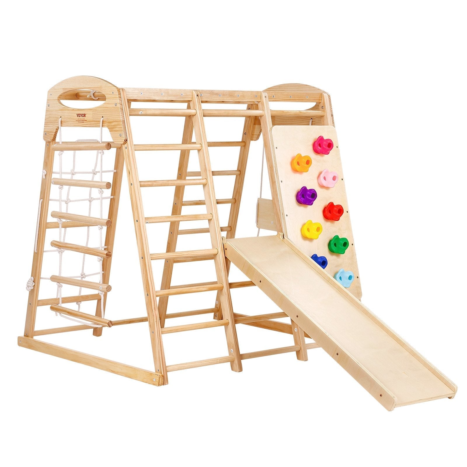 VEVOR Indoor Jungle Gym, 7-in-1 Toddler Indoor Playground, Wooden Toddler Climbing Toys Indoor with Wood & Rope Ladder, Net Ladder, Swing, Monkey Bar, Slide, Climbing Wall, 43 x 47.2 x 47in