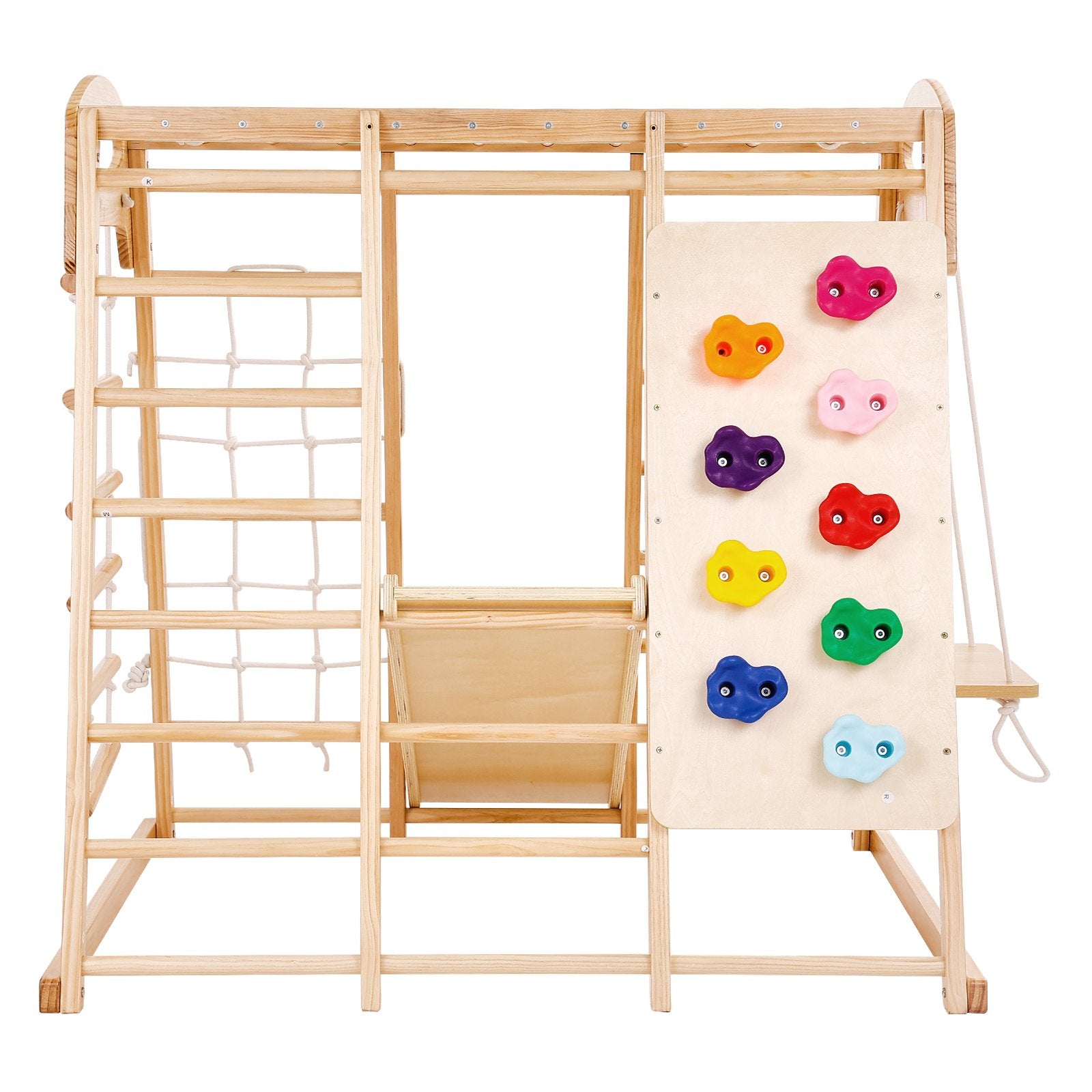 VEVOR Indoor Jungle Gym, 7-in-1 Toddler Indoor Playground, Wooden Toddler Climbing Toys Indoor with Wood & Rope Ladder, Net Ladder, Swing, Monkey Bar, Slide, Climbing Wall, 43 x 47.2 x 47in