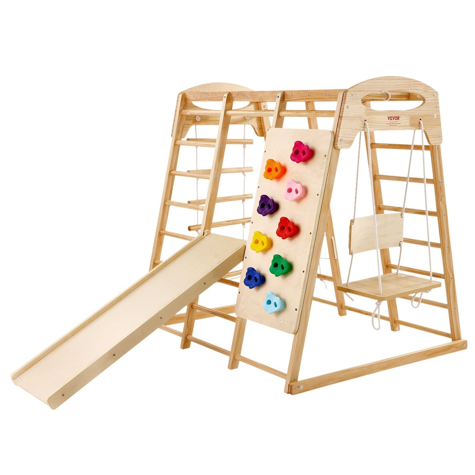 VEVOR Indoor Jungle Gym, 7-in-1 Toddler Indoor Playground, Wooden Toddler Climbing Toys Indoor with Wood & Rope Ladder, Net Ladder, Swing, Monkey Bar, Slide, Climbing Wall, 43 x 47.2 x 47in
