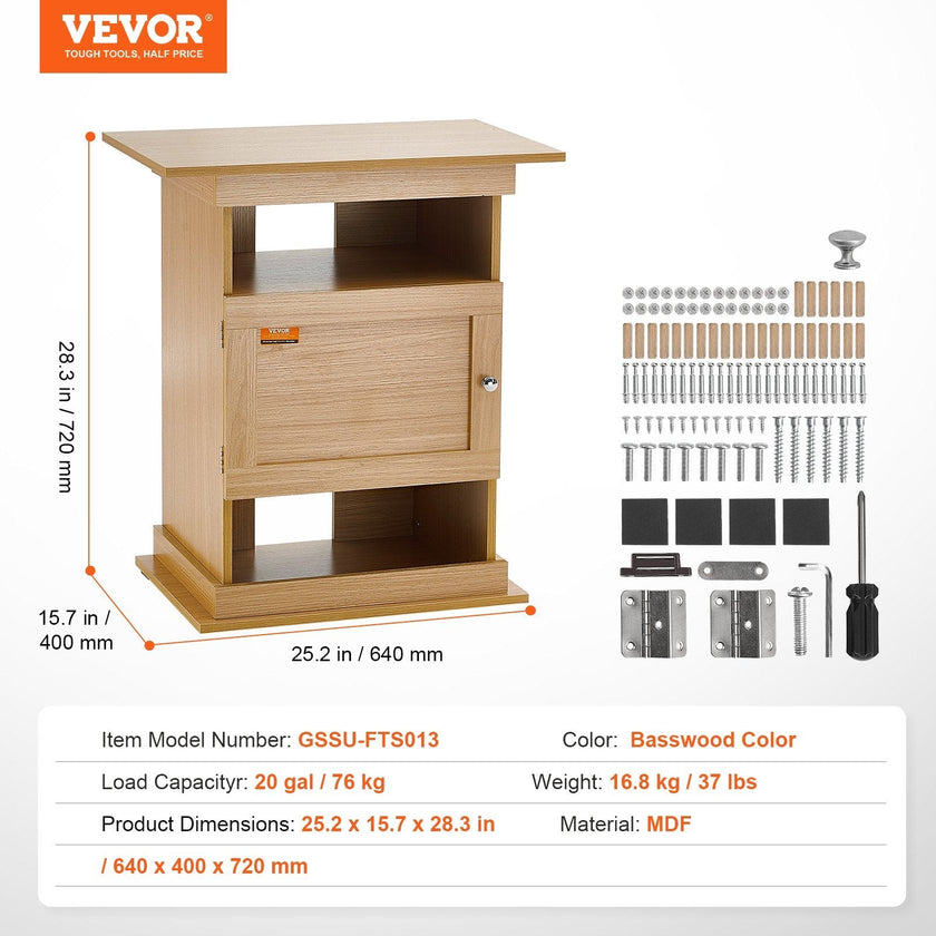 VEVOR Aquarium Stand, 20 Gallon Fish Tank Stand, 25.2 x 15.7 x 28.3 in MDF Turtle Tank Stand, 167.6 lbs Load Capacity, Reptile Tank Stand with Storage, Cabinet and Hardware Kit, Basswood Color