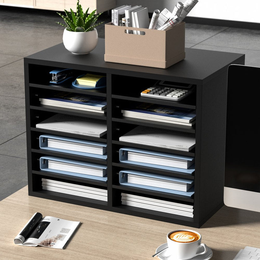 VEVOR Wood Literature Organizer, 12 Compartments, File Sorter with Removable Shelves, Mailboxes Slot for Office Home Classroom Mailrooms Organization, EPA Certified, Black