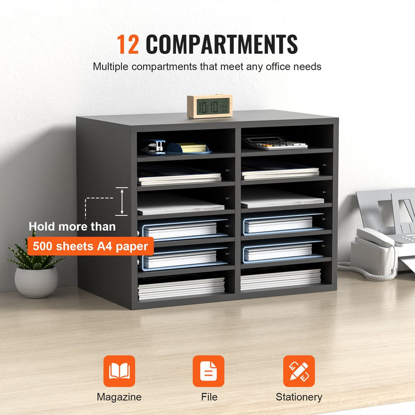 VEVOR Literature Organizers, 12 Compartments Office Mailbox with Adjustable Shelves, Wood Literature Sorter 20.4x12x16.1 inches for Office, Home, Classroom, Mailrooms Organization, EPA Certified Grey