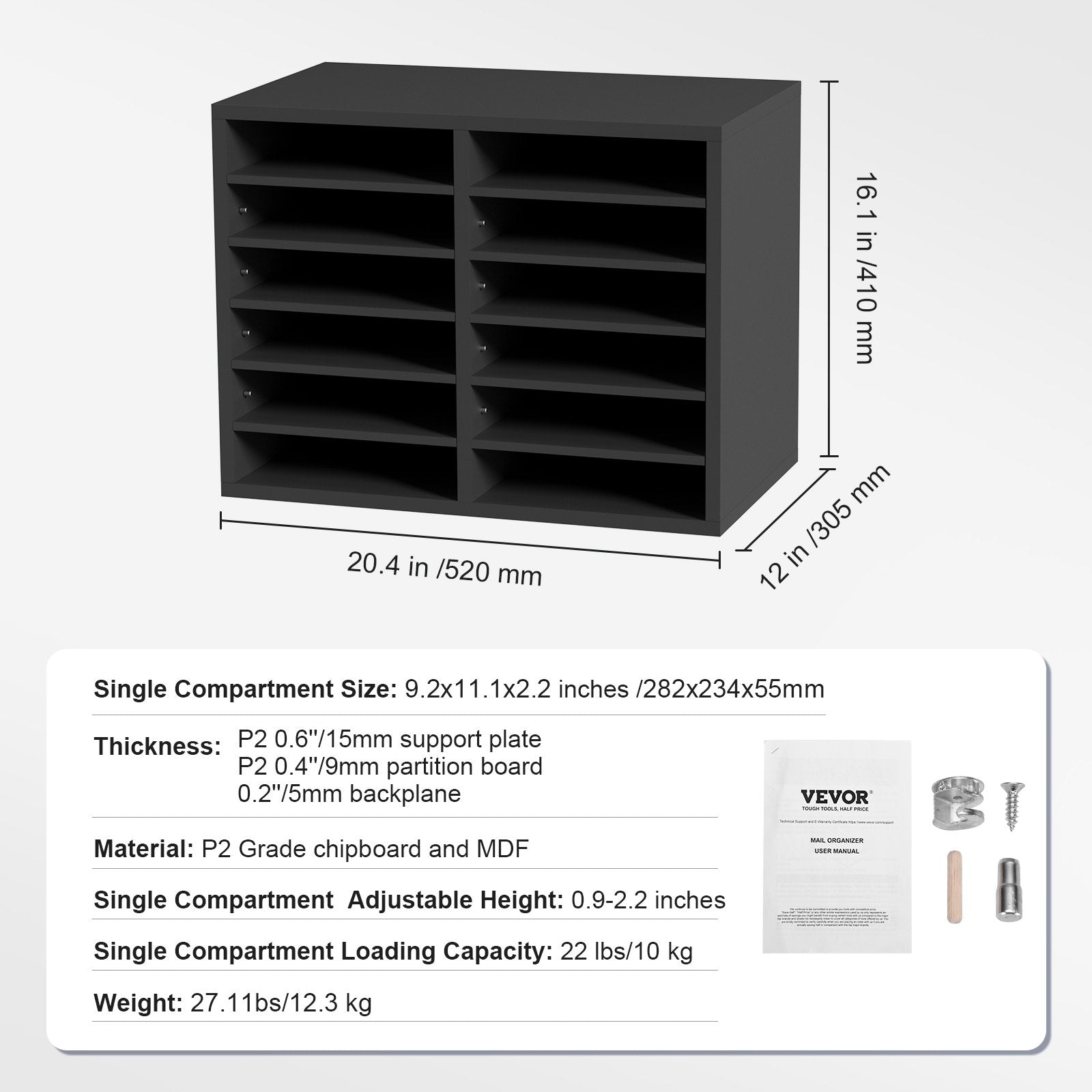 VEVOR Literature Organizers, 12 Compartments Office Mailbox with Adjustable Shelves, Wood Literature Sorter 20.4x12x16.1 inches for Office, Home, Classroom, Mailrooms Organization, EPA Certified Grey
