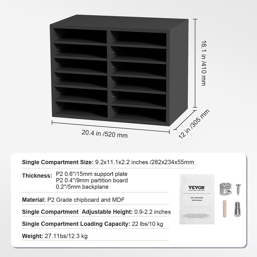 VEVOR Literature Organizers, 12 Compartments Office Mailbox with Adjustable Shelves, Wood Literature Sorter 20.4x12x16.1 inches for Office, Home, Classroom, Mailrooms Organization, EPA Certified Grey