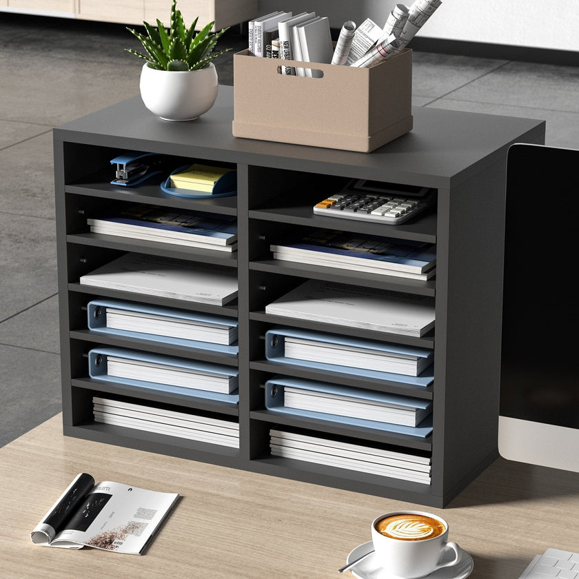 VEVOR Literature Organizers, 12 Compartments Office Mailbox with Adjustable Shelves, Wood Literature Sorter 20.4x12x16.1 inches for Office, Home, Classroom, Mailrooms Organization, EPA Certified Grey