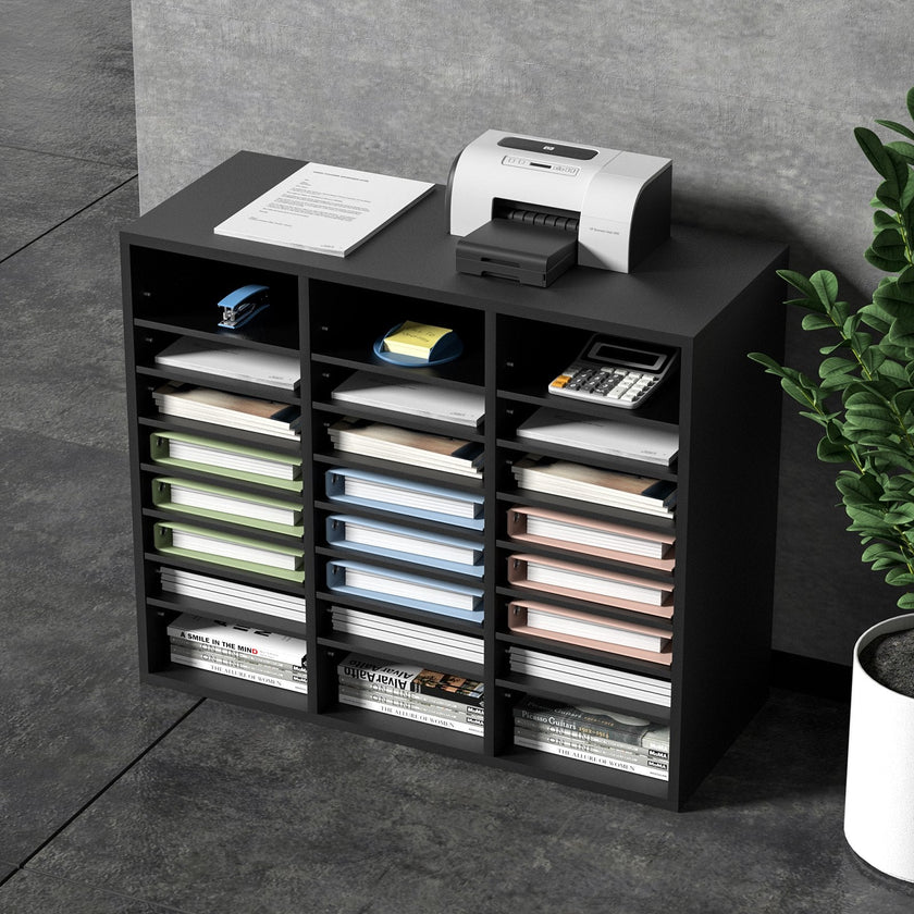 VEVOR Wood Literature Organizer, 24 Compartments, File Sorter with Removable Shelves, Mailboxes Slot for Office Home Classroom Mailrooms Organization, EPA Certified, Black
