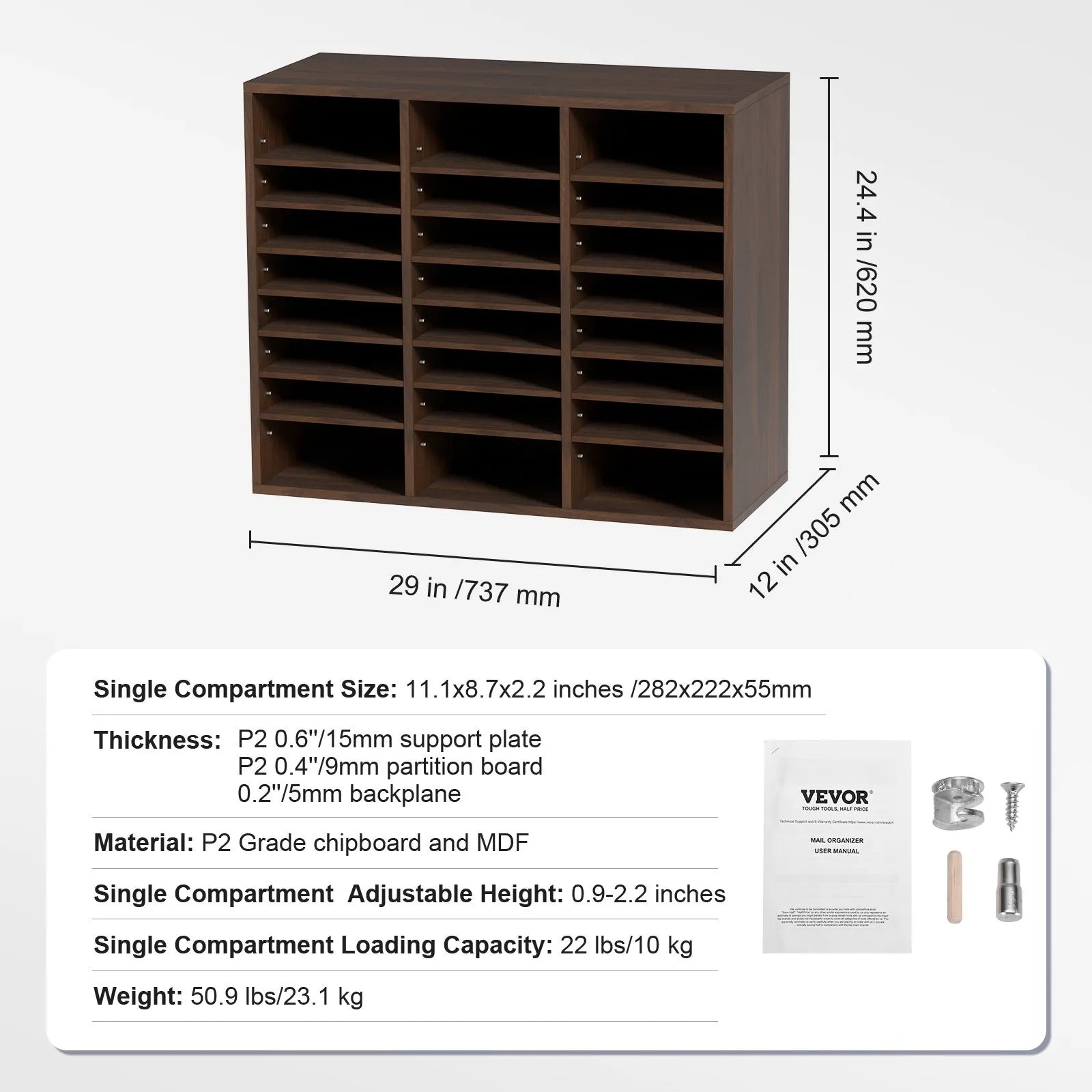 VEVOR Literature Organizers, 24 Compartments Office Mailbox with Adjustable Shelves, Wood Literature Sorter 29x12x24.4 inches for Office, Home, Classroom, Mailrooms Organization, EPA Certified, Brown