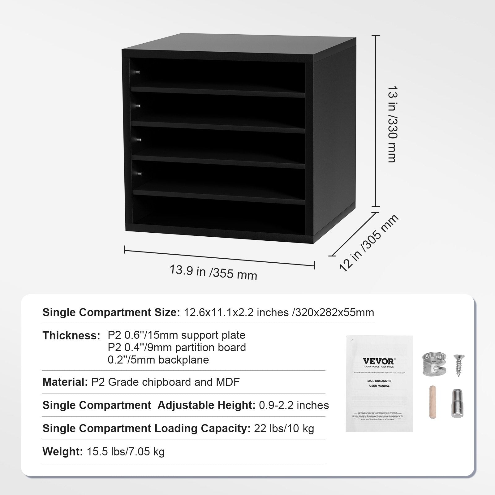 VEVOR Literature Organizers, 5 Compartments Office Mailbox with Adjustable Shelves, Wood Literature Sorter 13.9x12x13 inches for Office, Home, Classroom, Mailrooms Organization, EPA Certified, Black