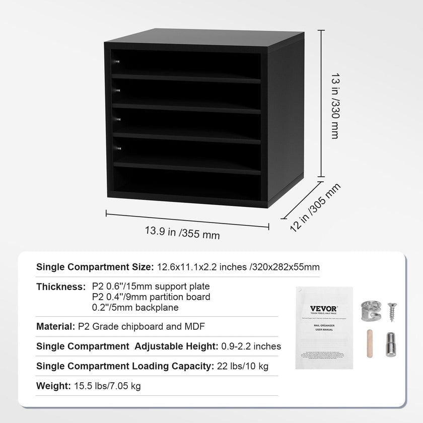 VEVOR Literature Organizers, 5 Compartments Office Mailbox with Adjustable Shelves, Wood Literature Sorter 13.9x12x13 inches for Office, Home, Classroom, Mailrooms Organization, EPA Certified, Black