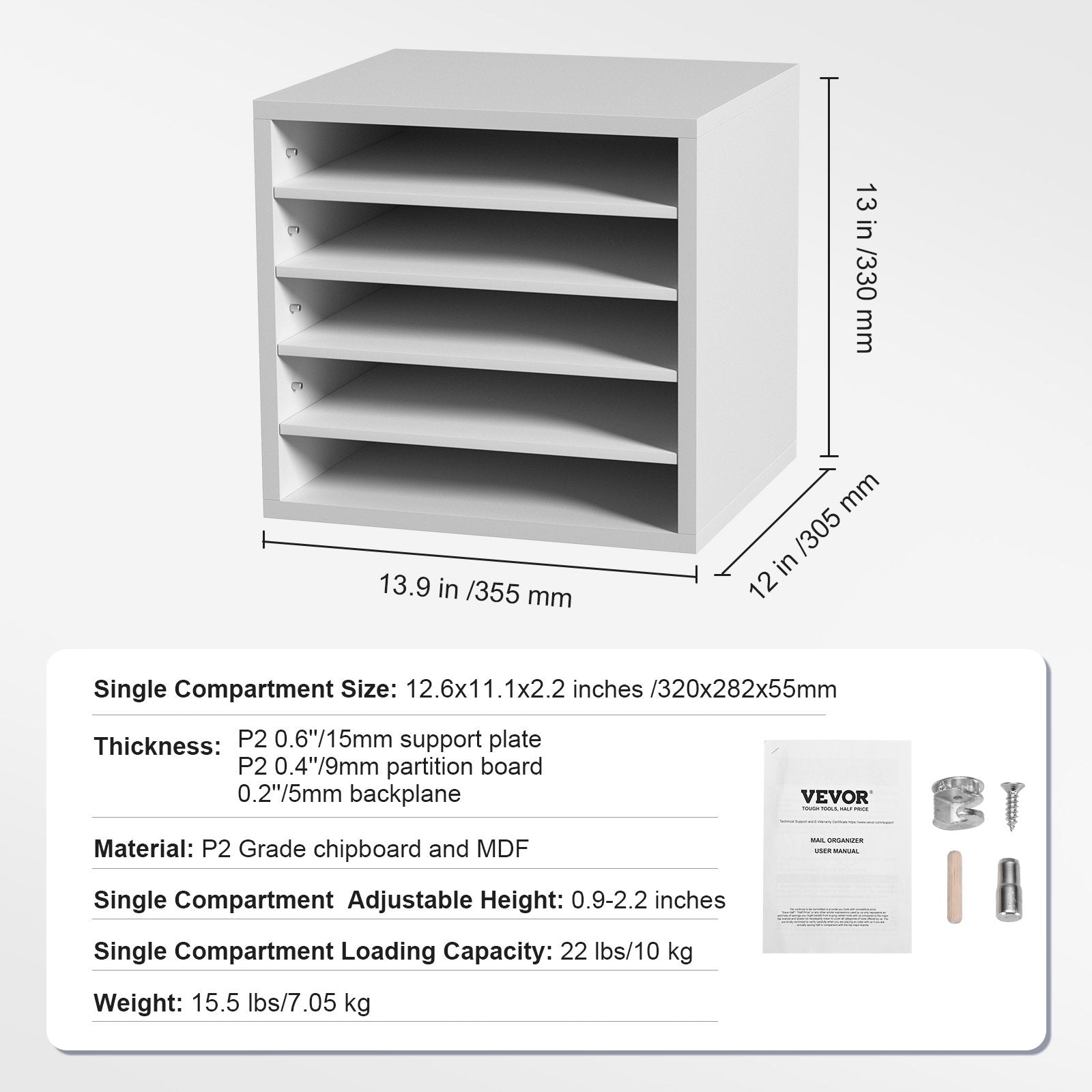 VEVOR Literature Organizers, 5 Compartments Office Mailbox with Adjustable Shelves, Wood Literature Sorter 13.9x12x13 inches for Office, Home, Classroom, Mailrooms Organization, EPA Certified, White