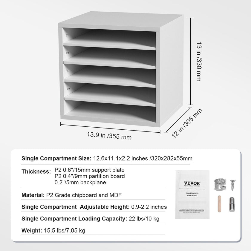 VEVOR Literature Organizers, 5 Compartments Office Mailbox with Adjustable Shelves, Wood Literature Sorter 13.9x12x13 inches for Office, Home, Classroom, Mailrooms Organization, EPA Certified, White