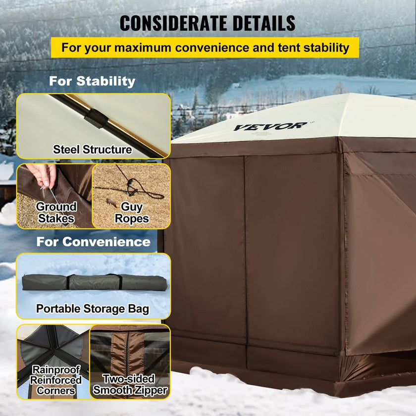 VEVOR Gazebo Screen Tent, 10 x 10 ft, 6 Sided Pop-up Camping Canopy Shelter Tent with Mesh Windows, Portable Carry Bag, Ground Stakes, Large Shade Tents for Outdoor Camping, Lawn and Backyard