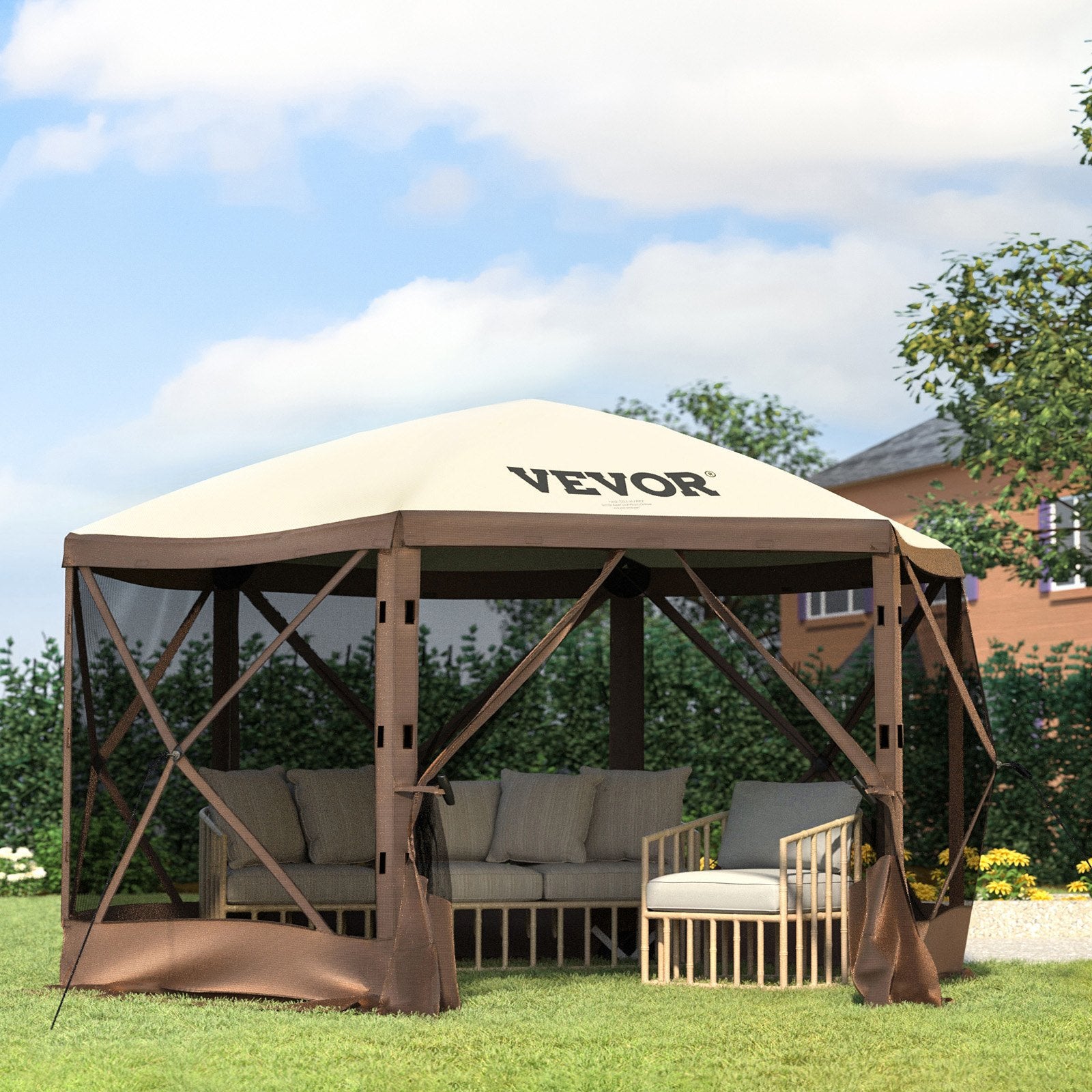 VEVOR Camping Gazebo Tent, 12'x12', 6 Sided Pop-up Canopy Screen Tent for 8 Person Camping, IPX3 Waterproof Screen Shelter w/Portable Storage Bag, Ground Stakes, Mesh Windows, Brown & Beige