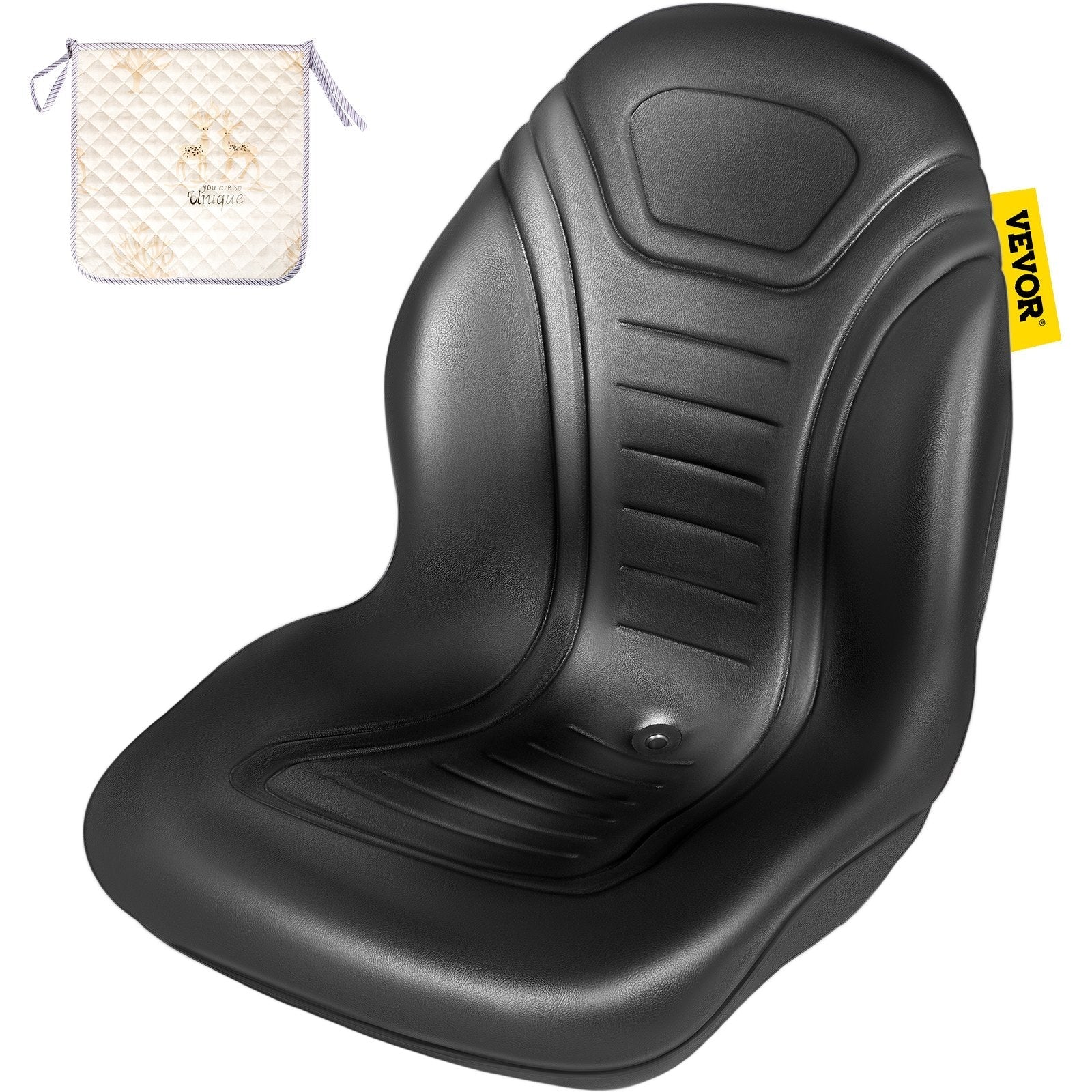 VEVOR Universal Tractor Seat Replacement, Compact High Back Mower Seat, Black Vinyl Forklift Seat, Central Drain Hole Skid Steer Seat with Mounting Bolt Patterns of 8