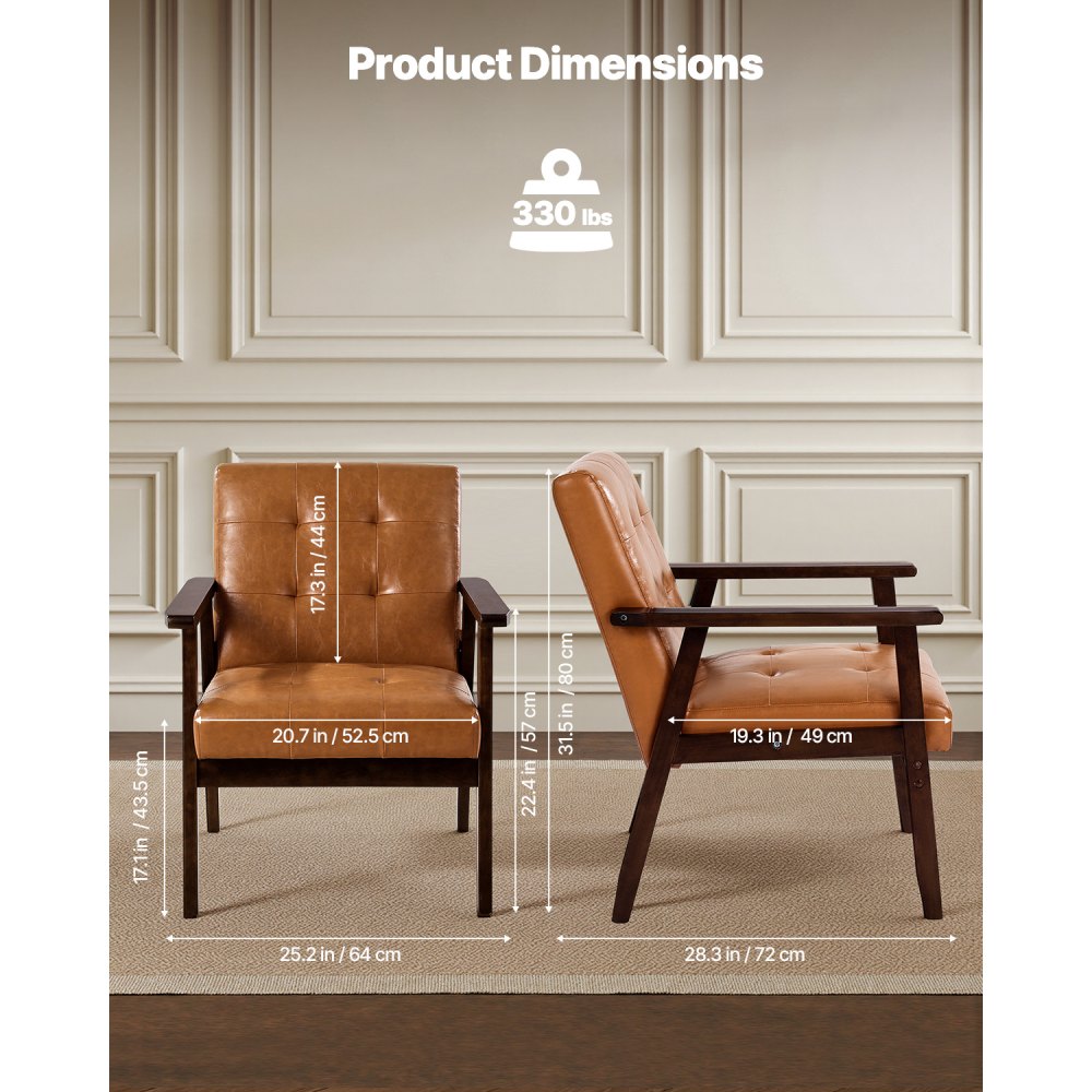 Mid Century Modern Accent Chair Upholstered PU Leather Armchair with Solid Wood Frame – Caramel Brown