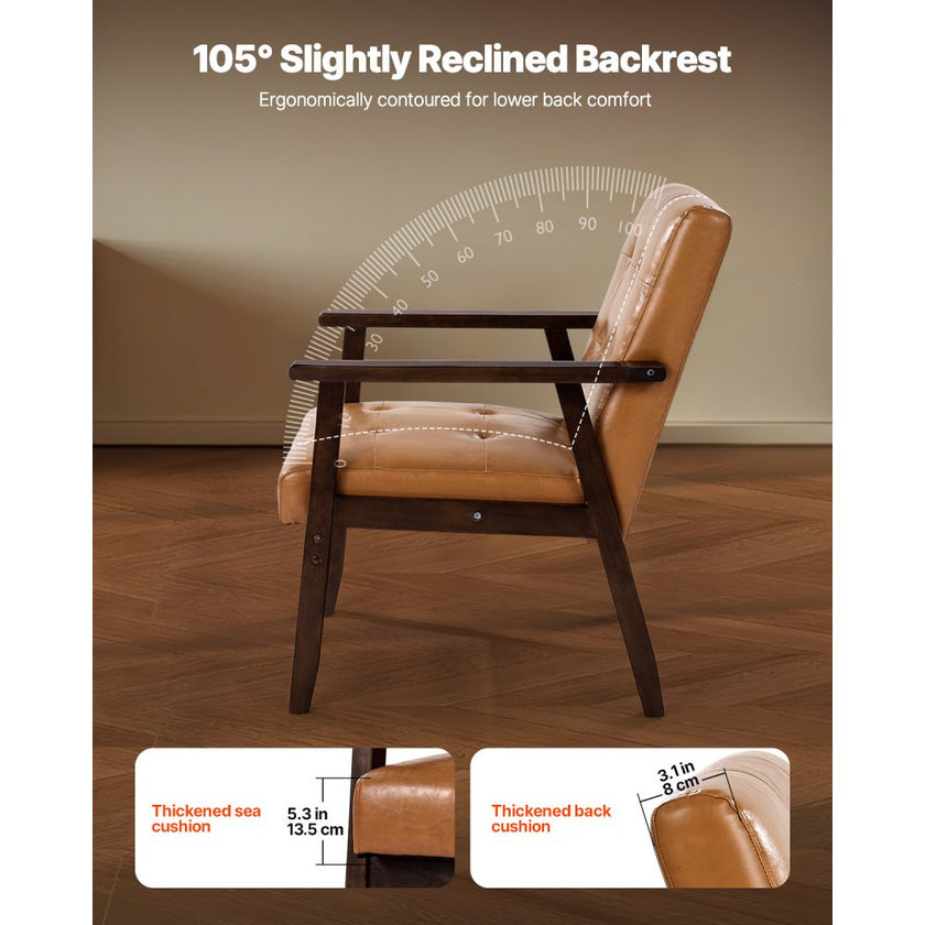 Mid Century Modern Accent Chair Upholstered PU Leather Armchair with Solid Wood Frame – Caramel Brown