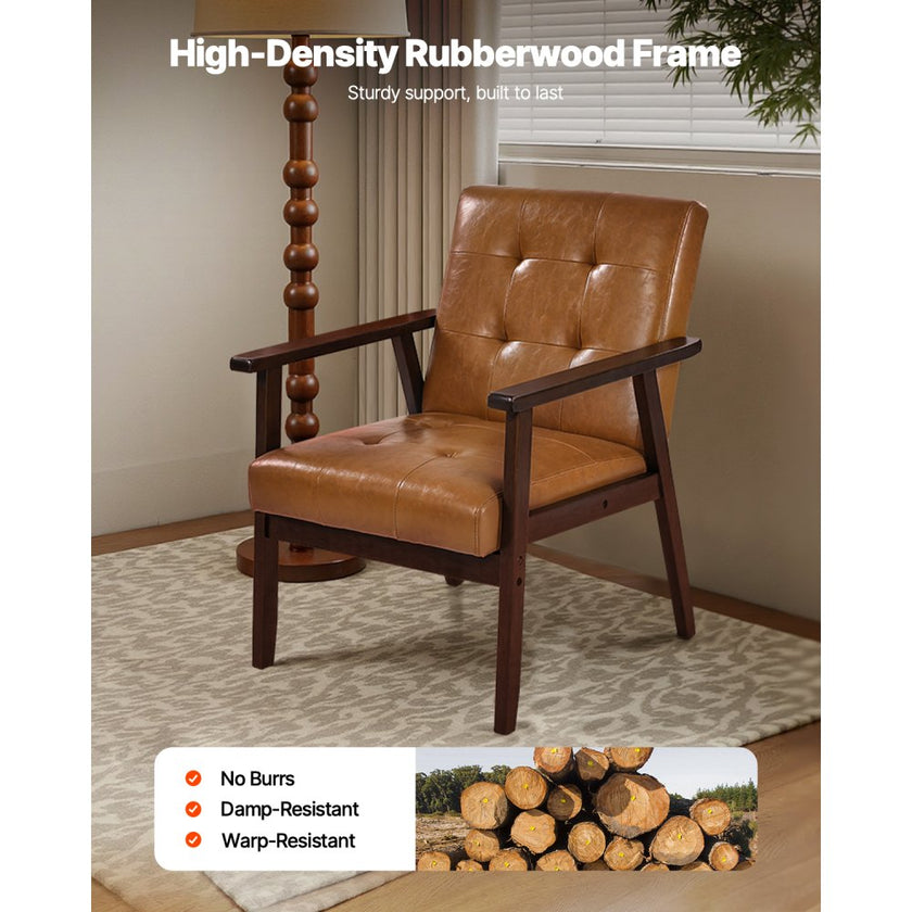 Mid Century Modern Accent Chair Upholstered PU Leather Armchair with Solid Wood Frame – Caramel Brown