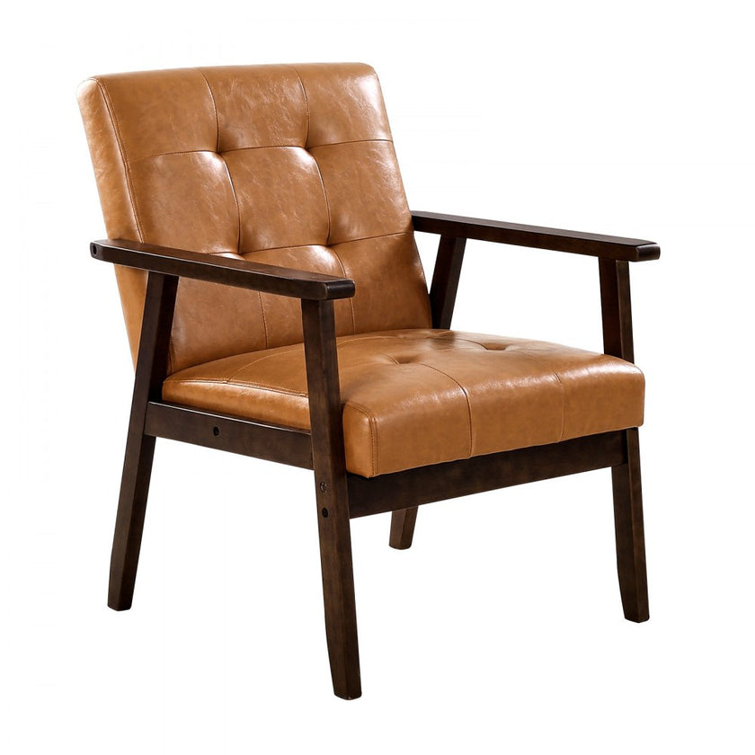 Mid Century Modern Accent Chair Upholstered PU Leather Armchair with Solid Wood Frame – Caramel Brown