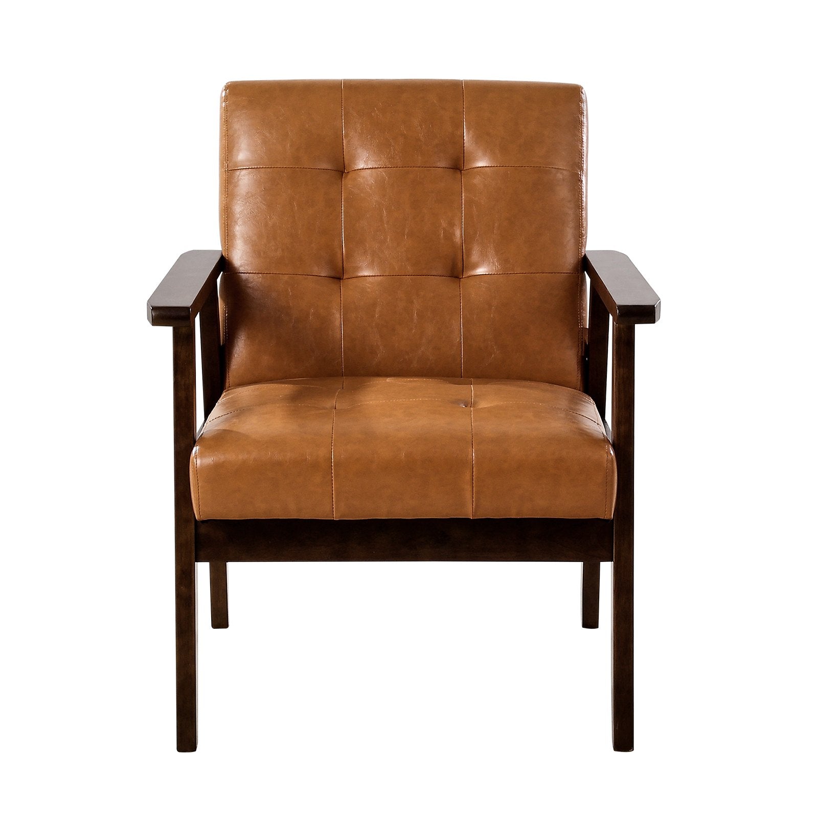 Mid Century Modern Accent Chair Upholstered PU Leather Armchair with Solid Wood Frame – Caramel Brown