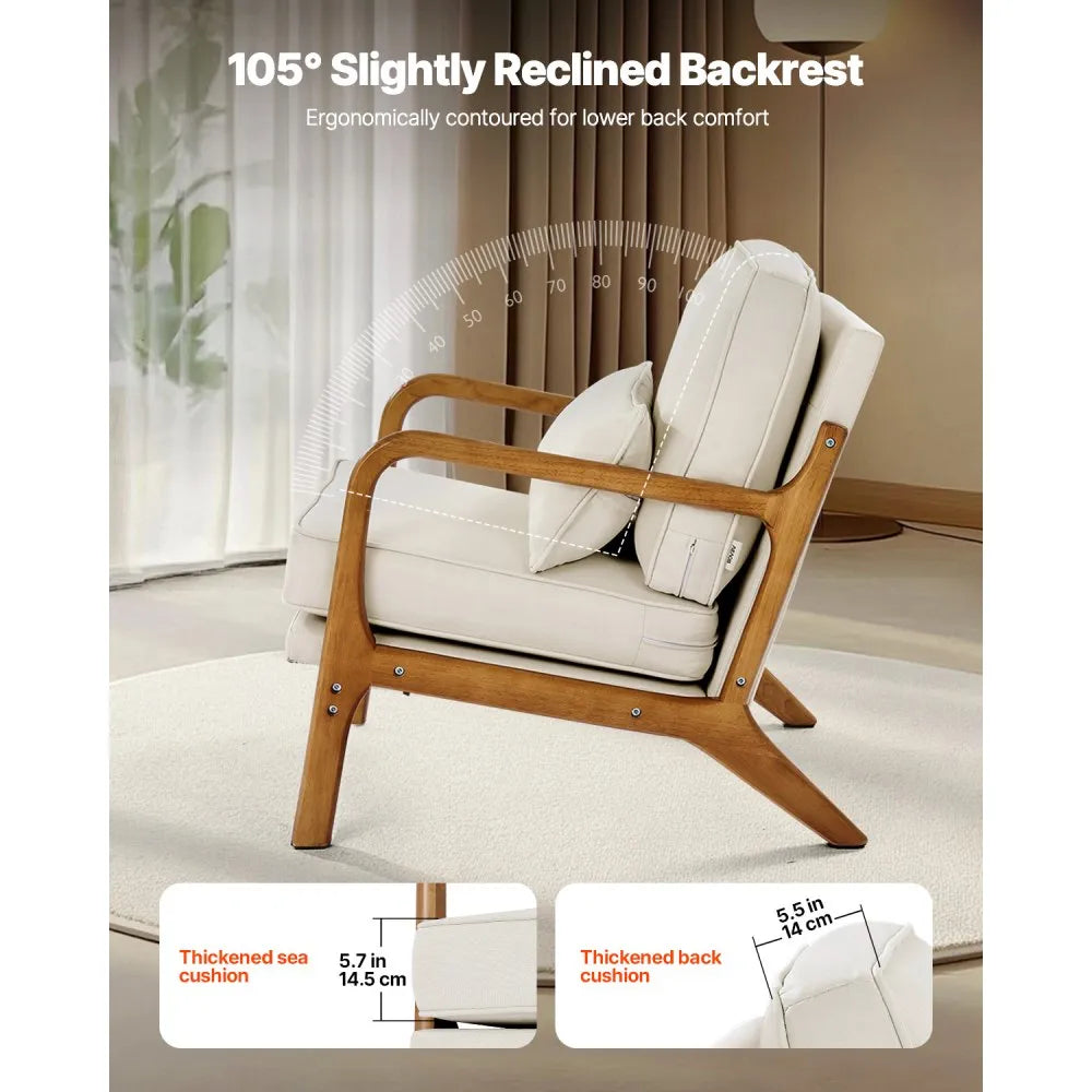 Mid Century Modern Linen Accent Chair with Solid Wood Frame and Thick Cushion – Beige & Brown