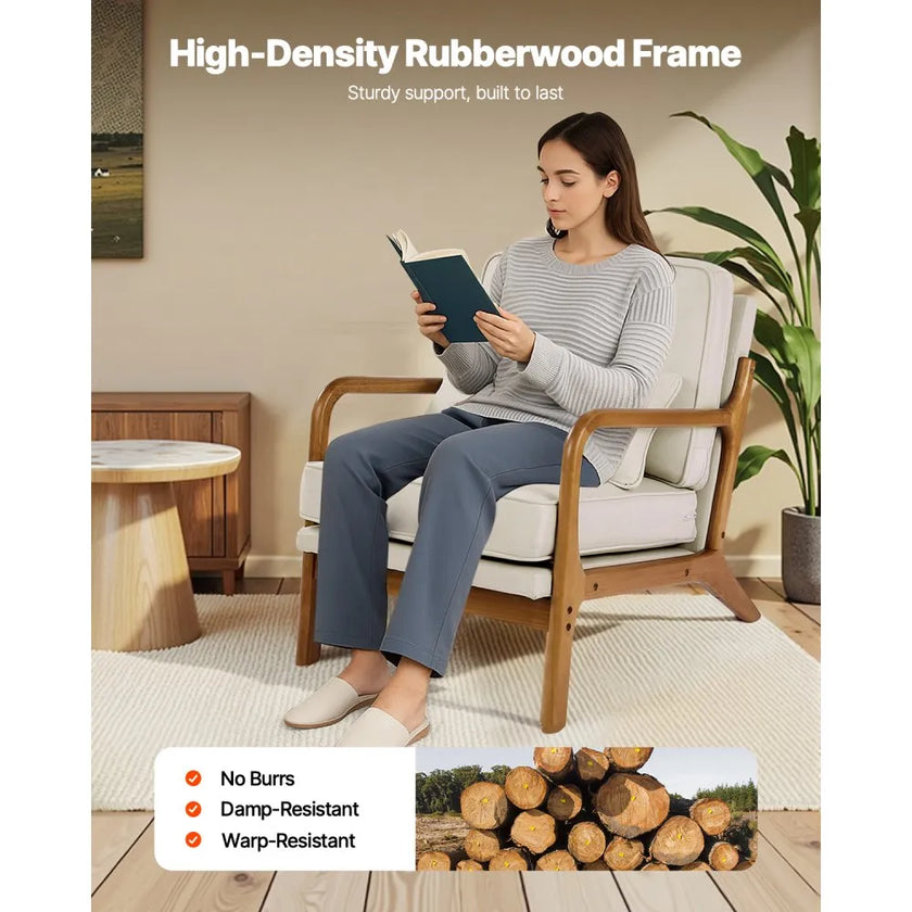 Mid Century Modern Linen Accent Chair with Solid Wood Frame and Thick Cushion – Beige & Brown