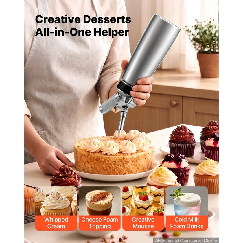 Professional 500ml Stainless Steel Whipped Cream Dispenser, 304 Stainless Steel Cream Whipper with 3 Decorating Nozzles & Cleaning Brush