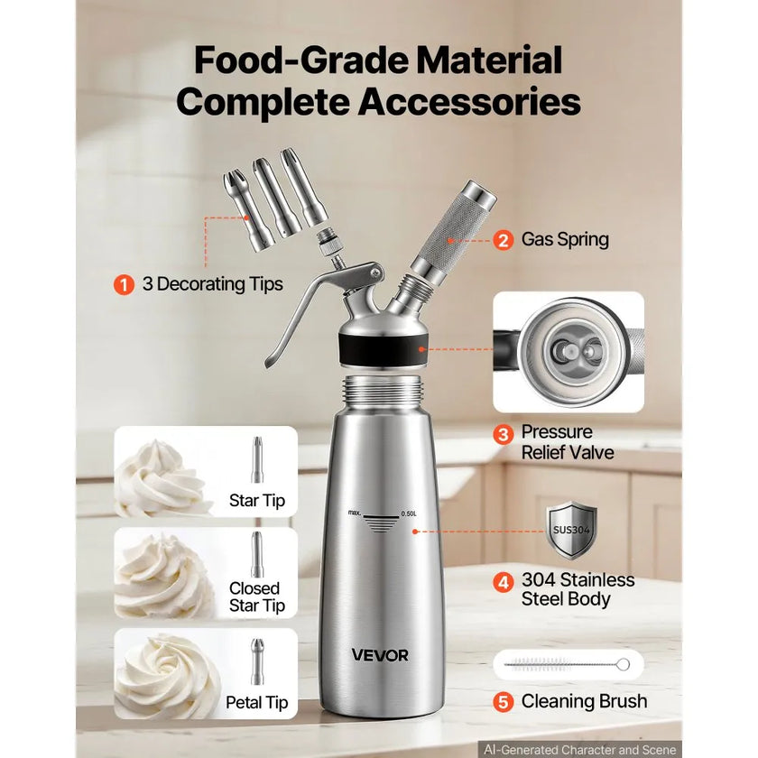 Professional 500ml Stainless Steel Whipped Cream Dispenser, 304 Stainless Steel Cream Whipper with 3 Decorating Nozzles & Cleaning Brush